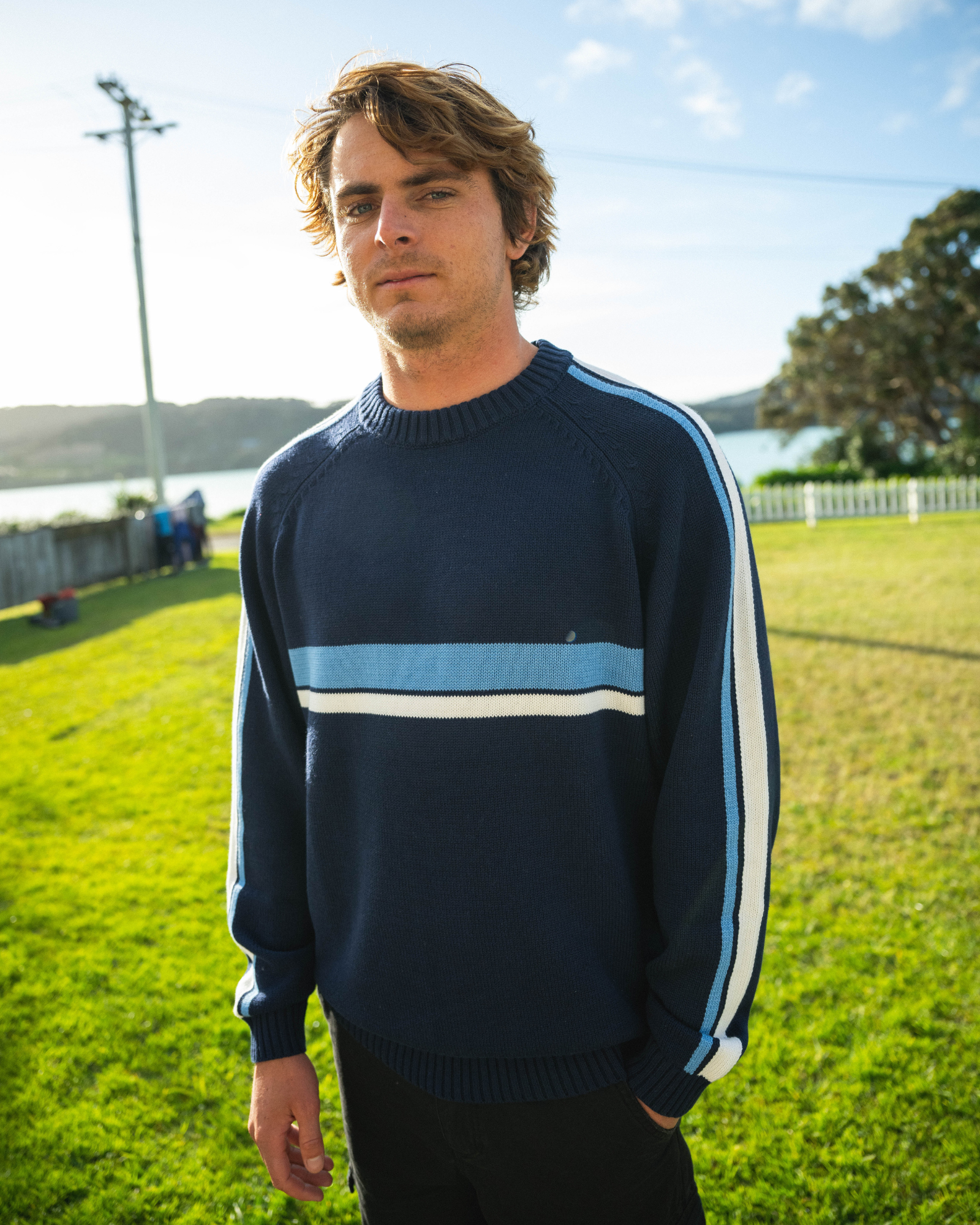 White Lines Crew Neck Knit Sweater