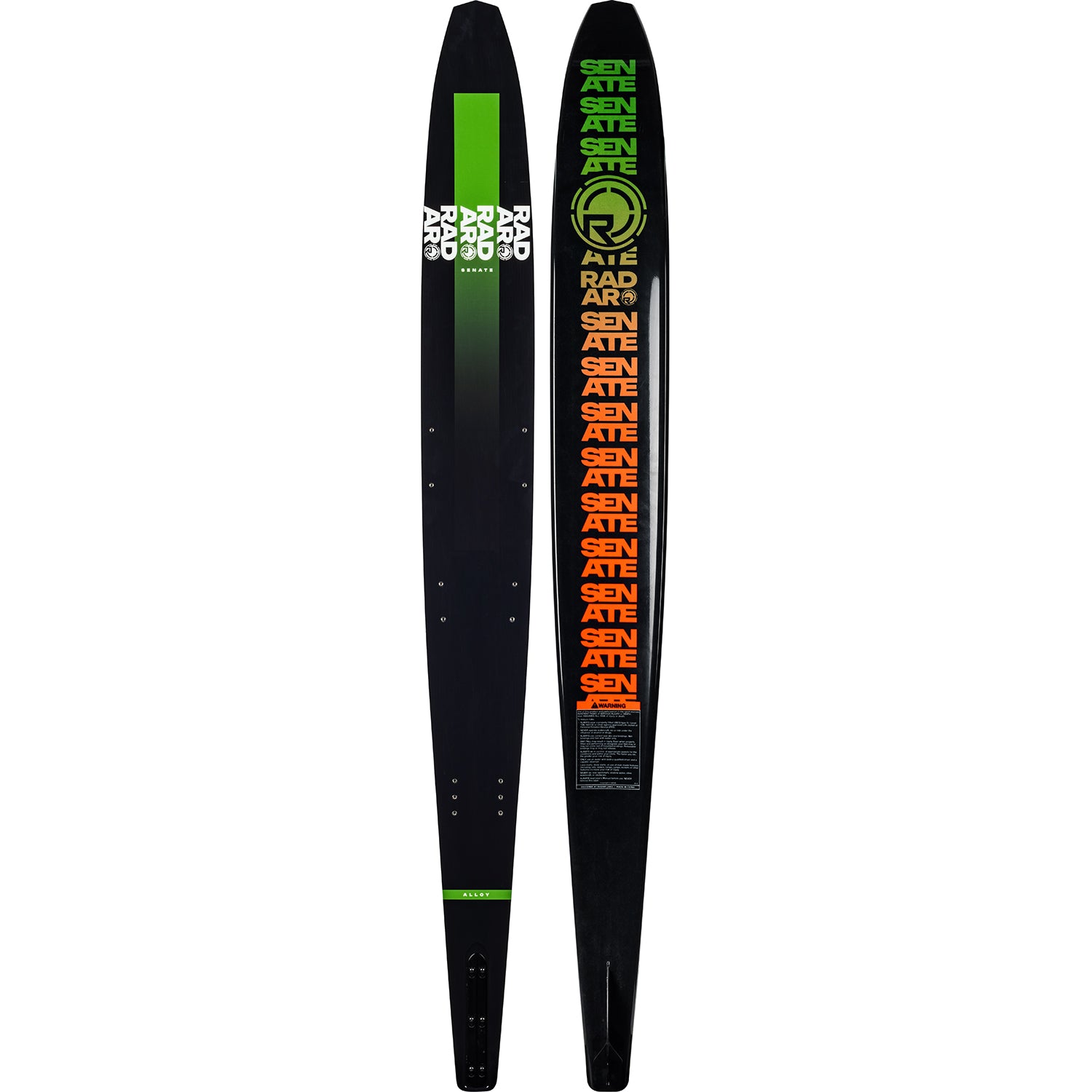 Two water skis with colorful branding on a white background