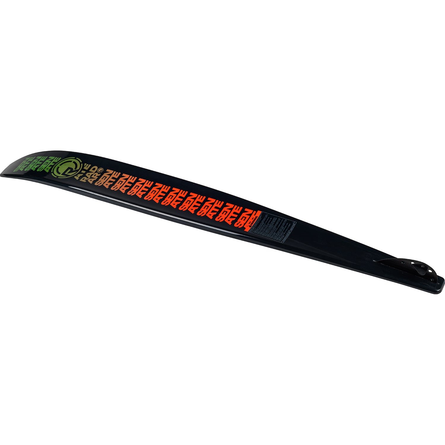 Black curved tool with red and green text on a white background