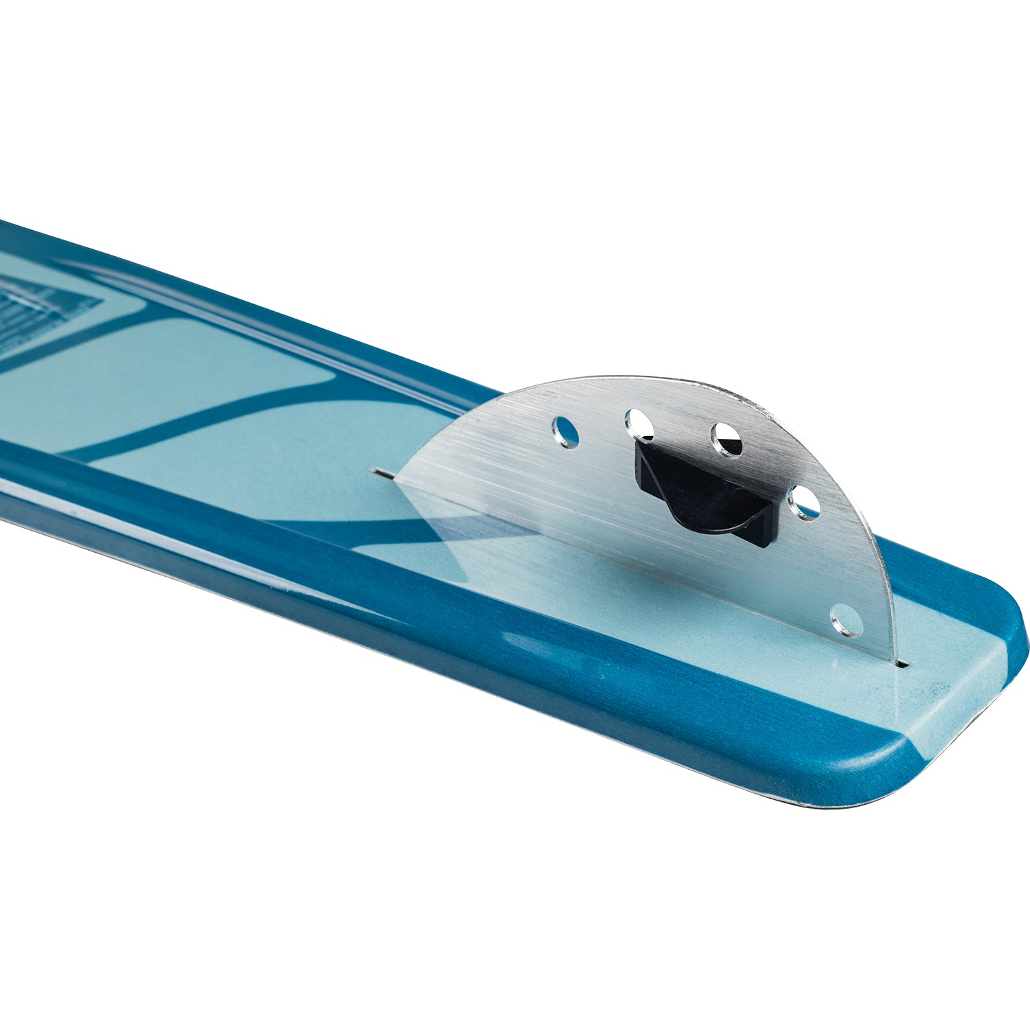 Blue inflatable pool float with a metal clip on a white background