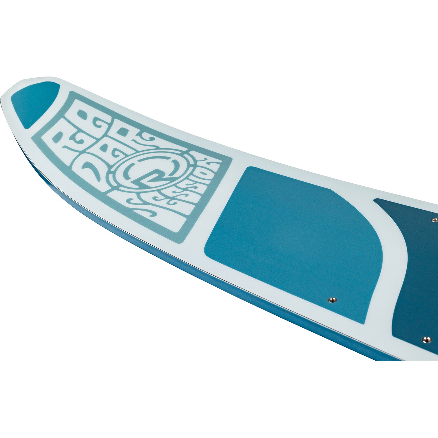 Blue and white paddleboard with a brand logo on a white background