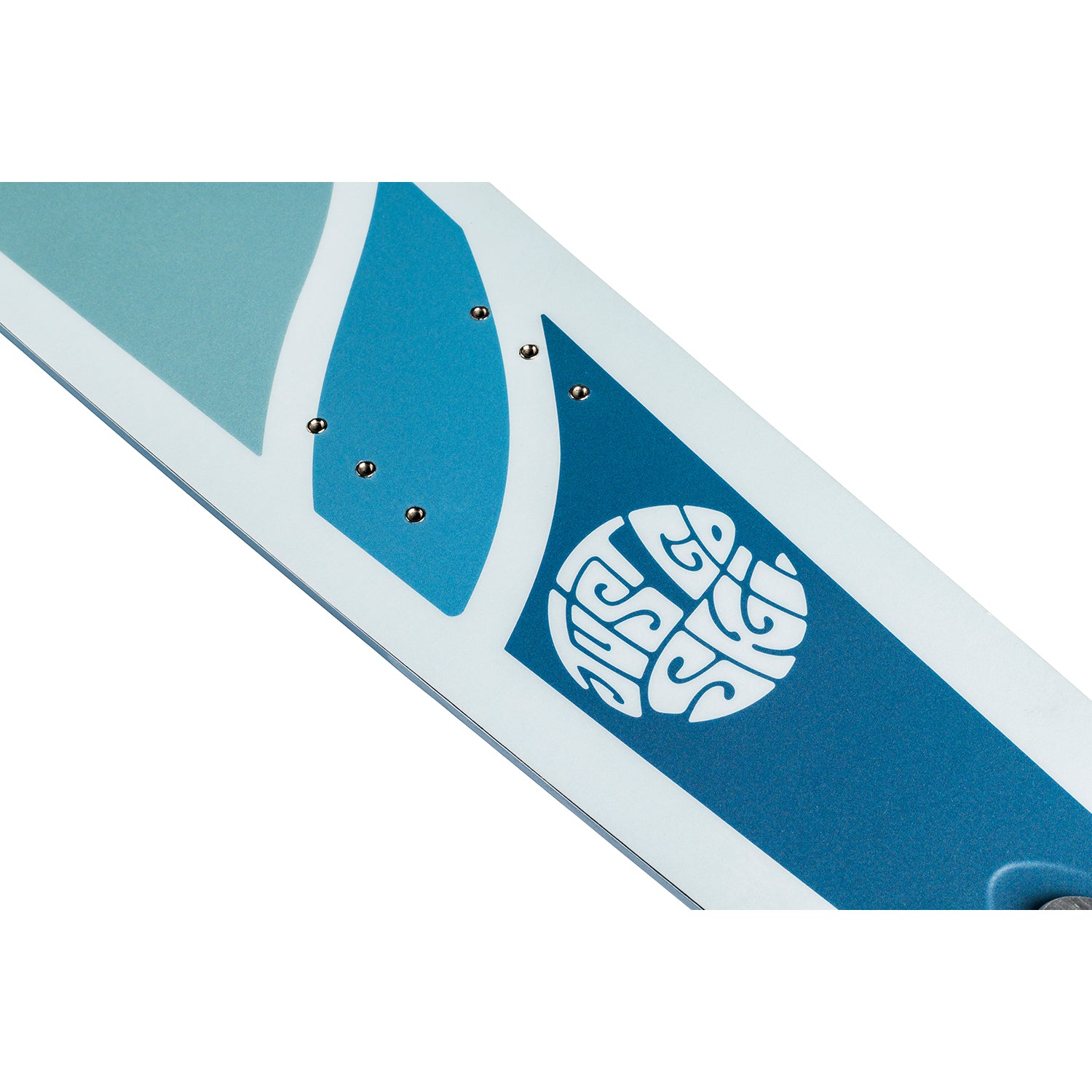 Close-up of a blue and white surfboard with a logo on a white background