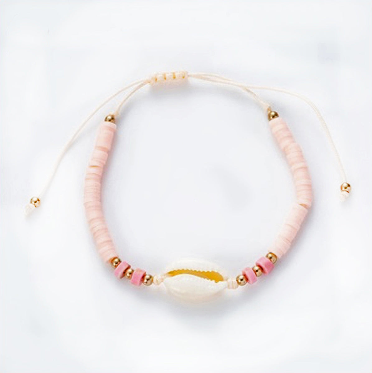 Baby Pink Heishi Bracelet W/ Cowrie Shell