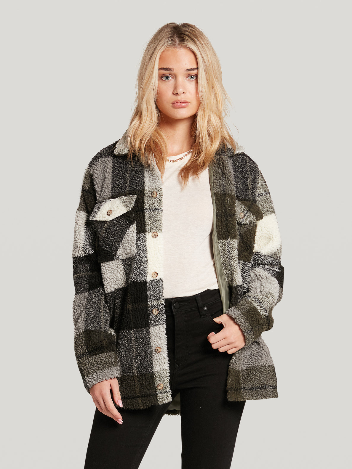 Volcom Silent Sherpa Plaid Jacket Army Green Camo