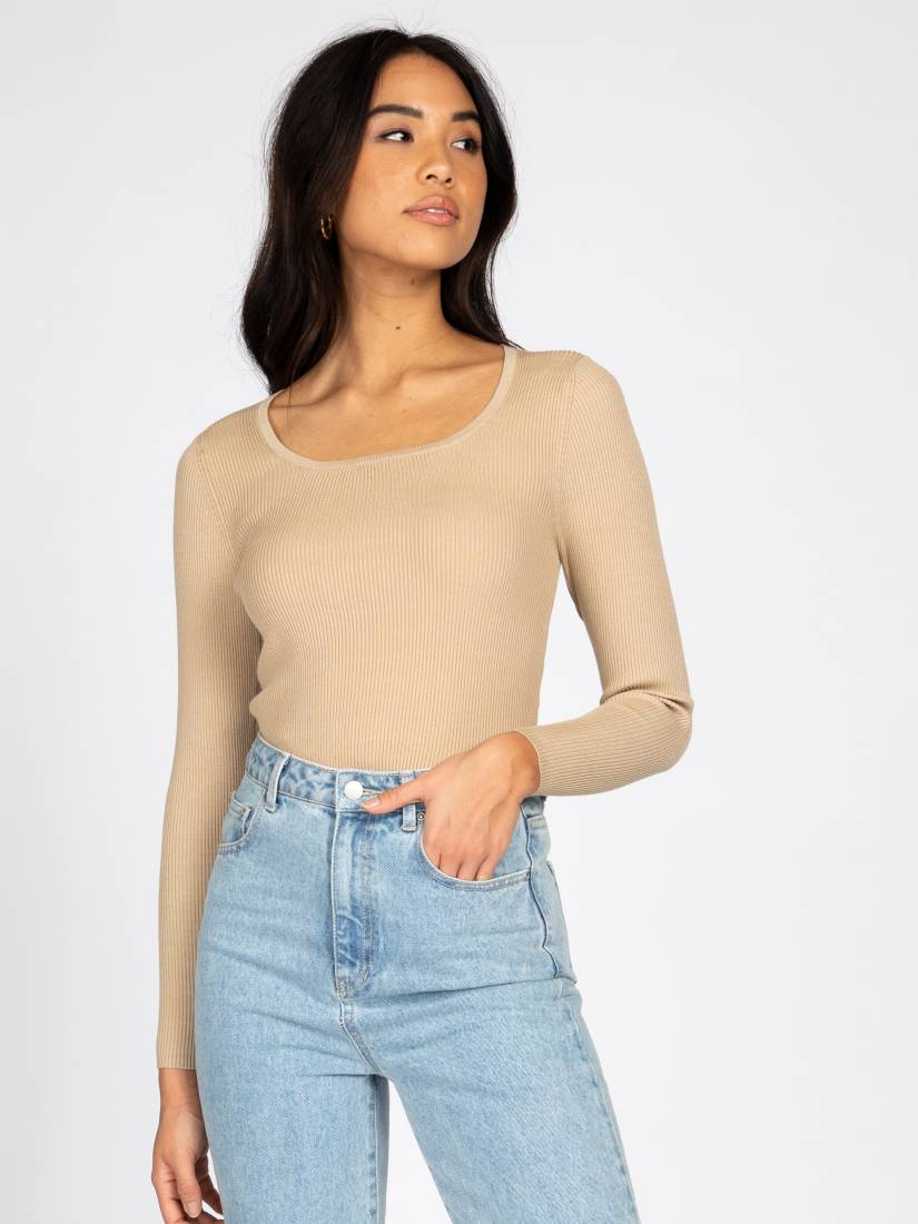 Rusty Charis Low Neckline Long Sleeve Knit Top Oat Milk