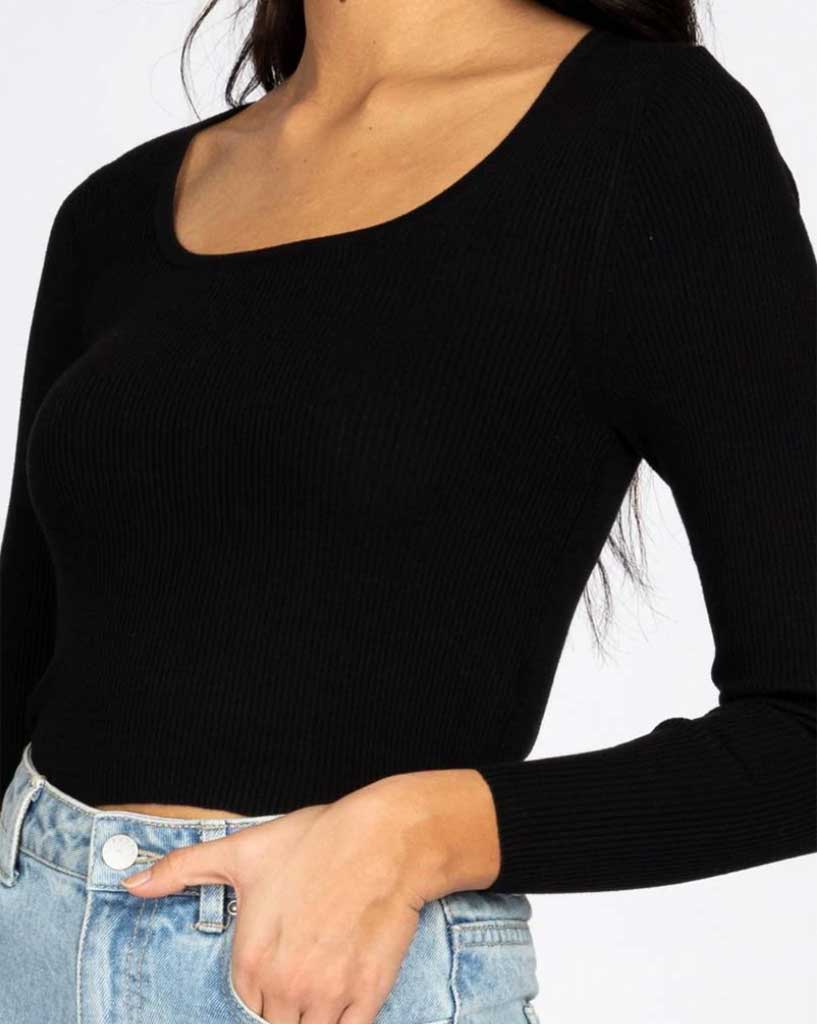 Rusty Charis Low Neckline Long Sleeve Knit Top Black