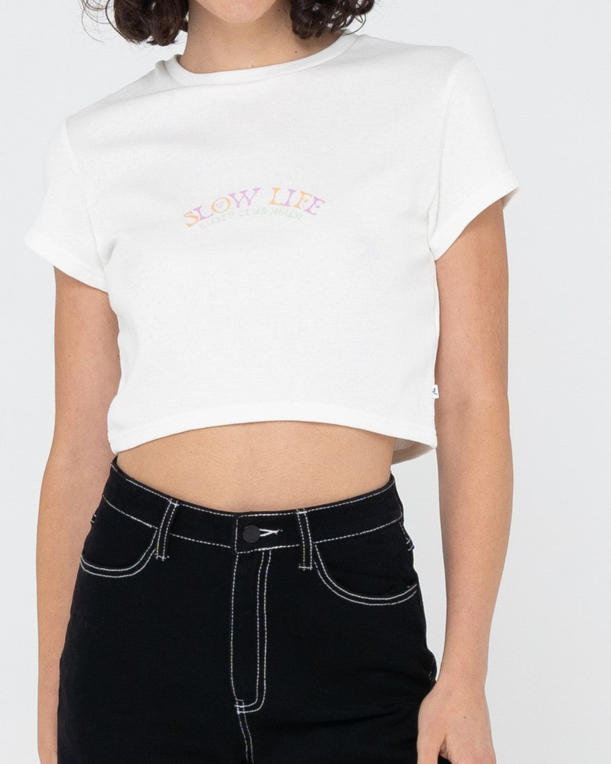 Rusty Slow Life Baby Fit Crop Tee WHITE