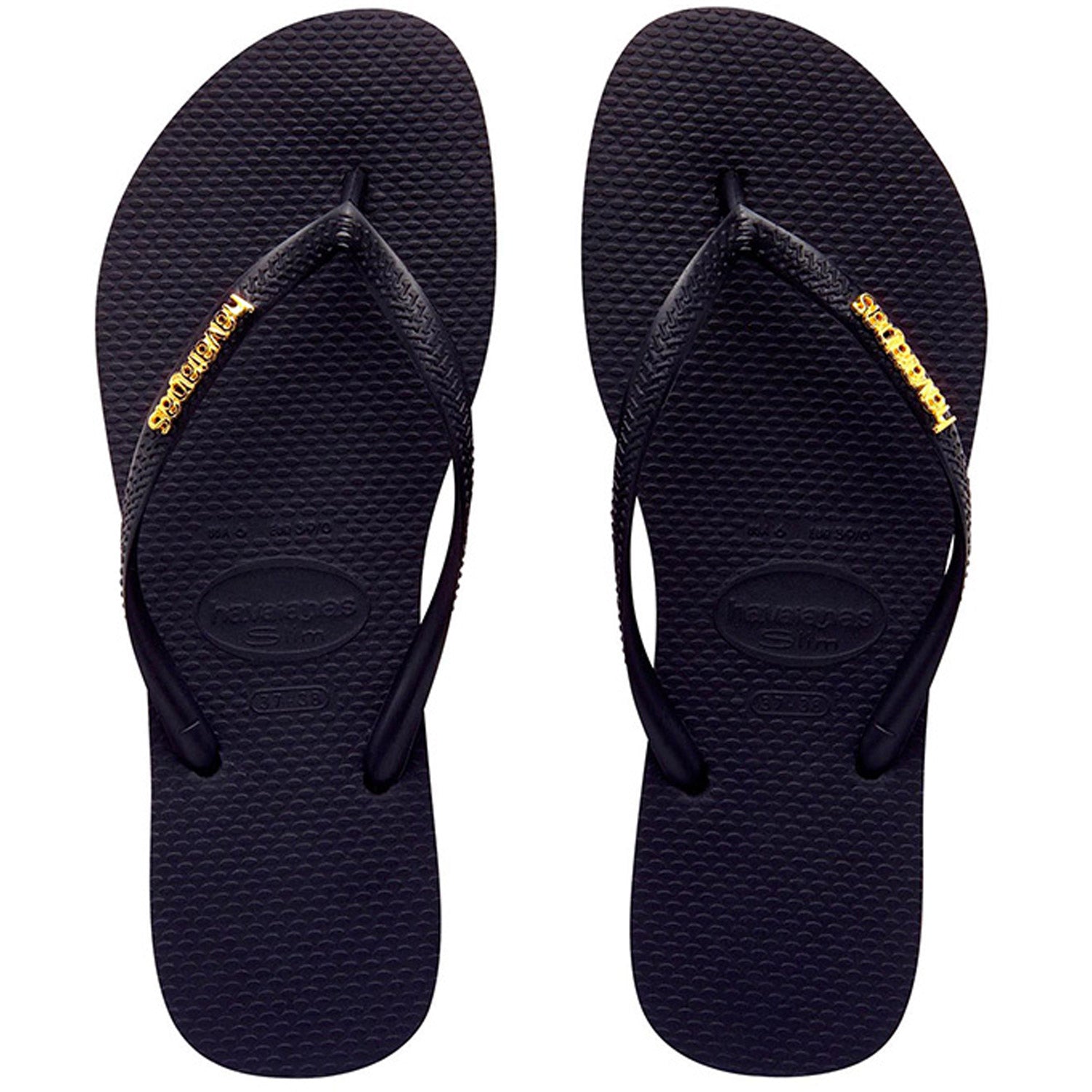 Slim Metal Logo Thongs Black Gold