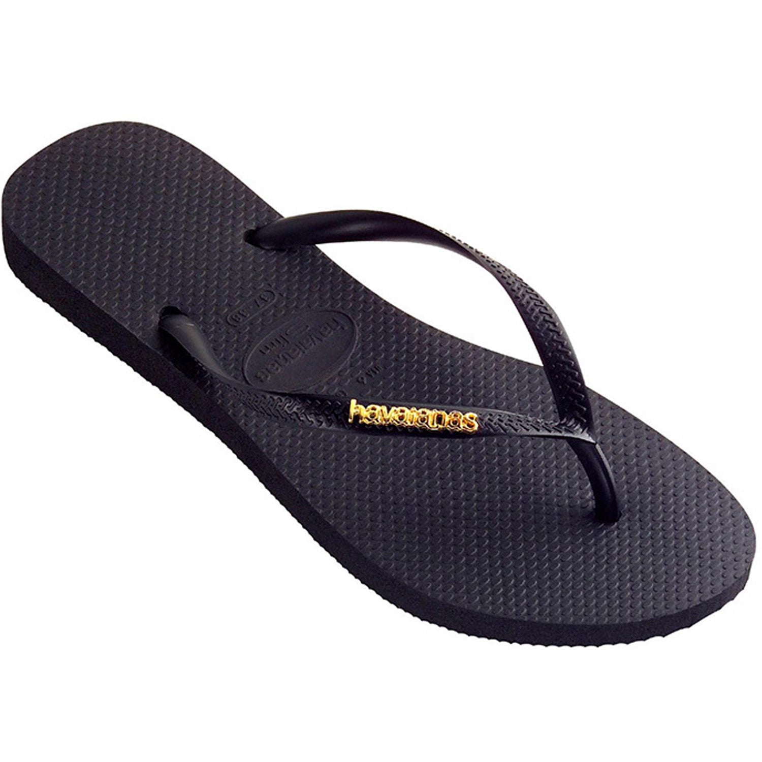 Slim Metal Logo Thongs Black Gold