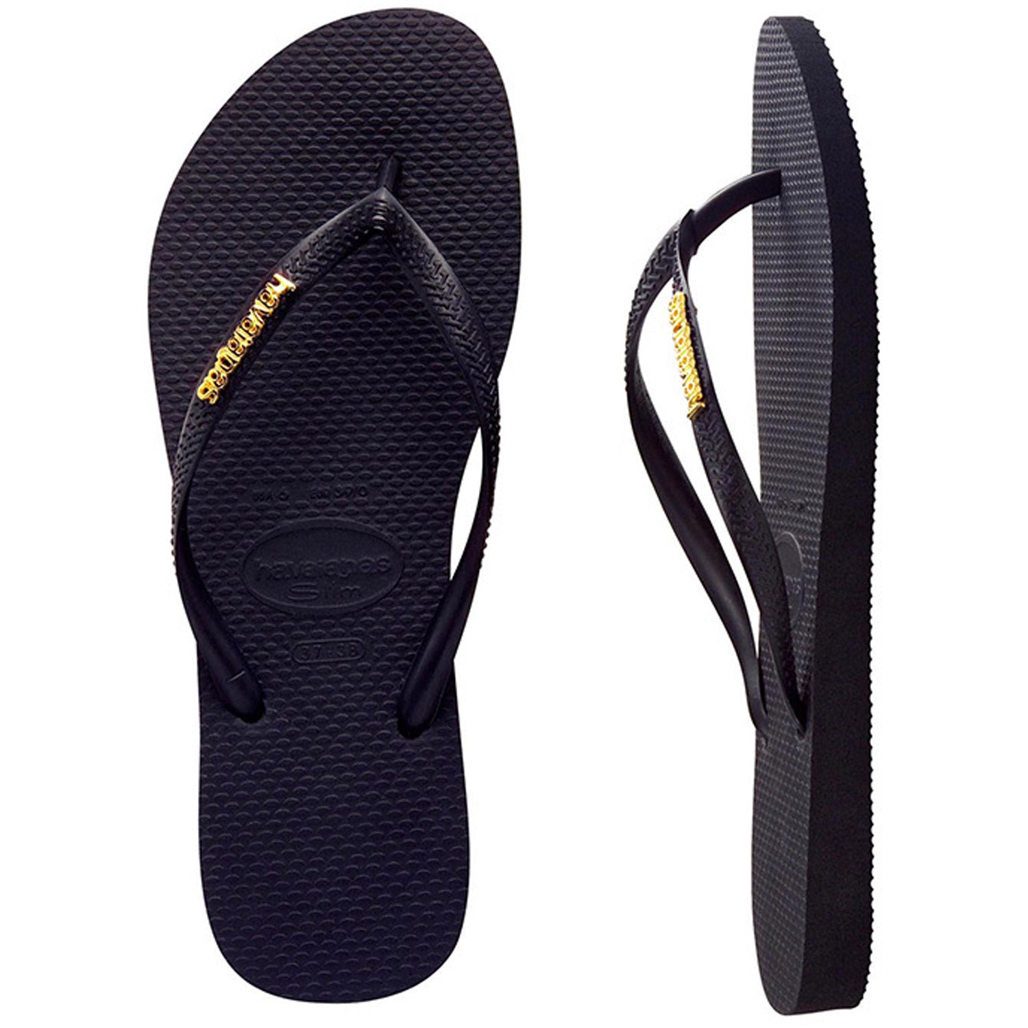 Slim Metal Logo Thongs Black Gold