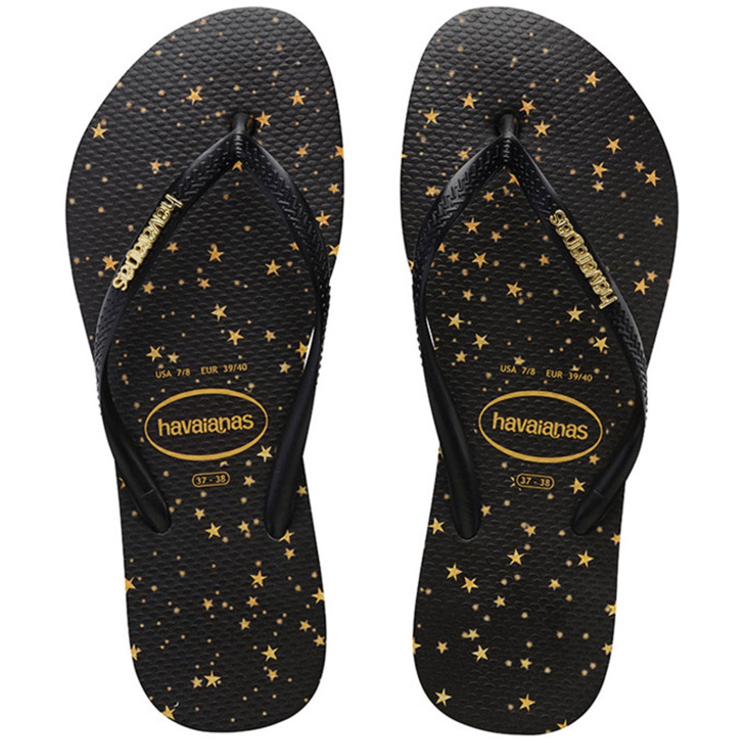 Slim Metal Logo Print Thongs Black Gold