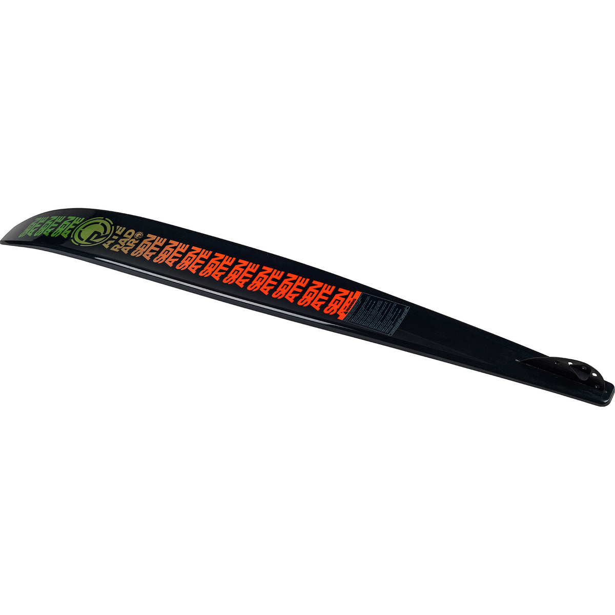 Black curved tool with red and green text on a white background
