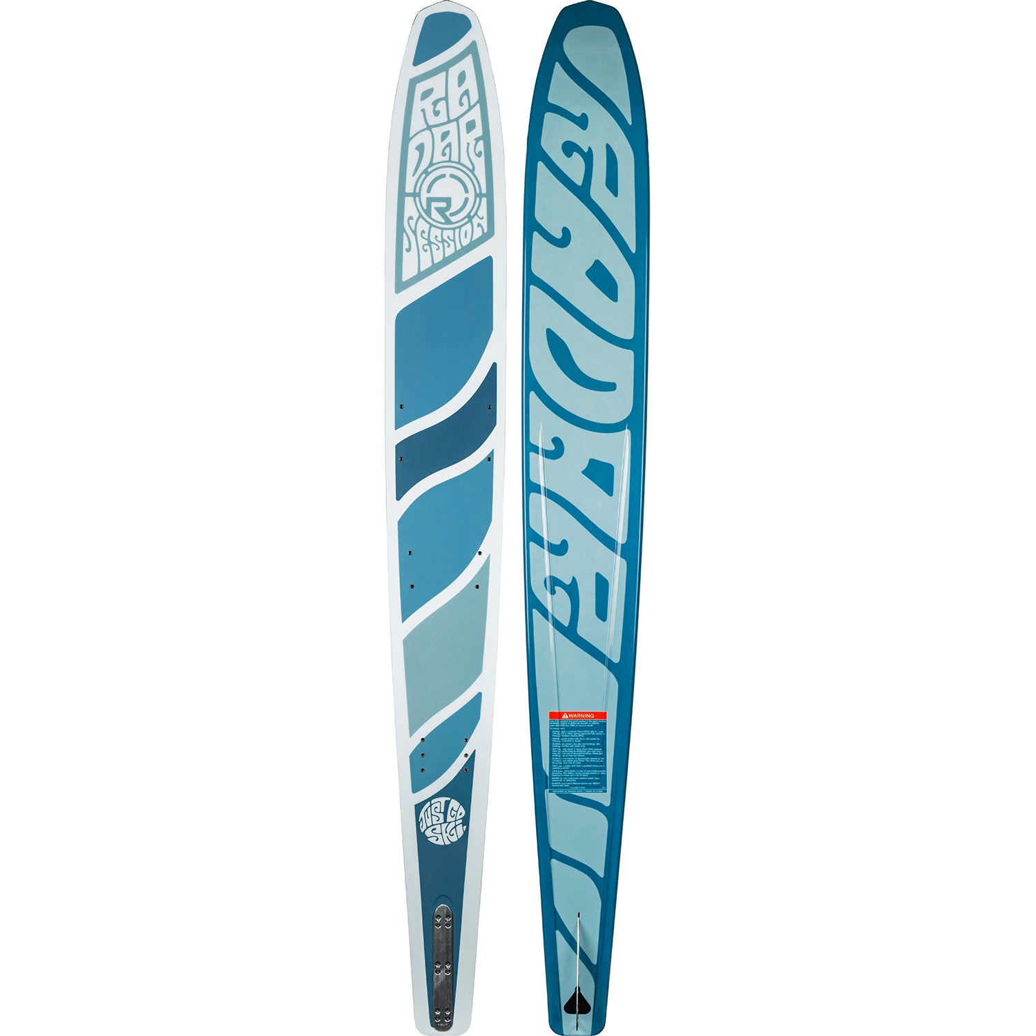 Two blue and white water skis with branding on a white background