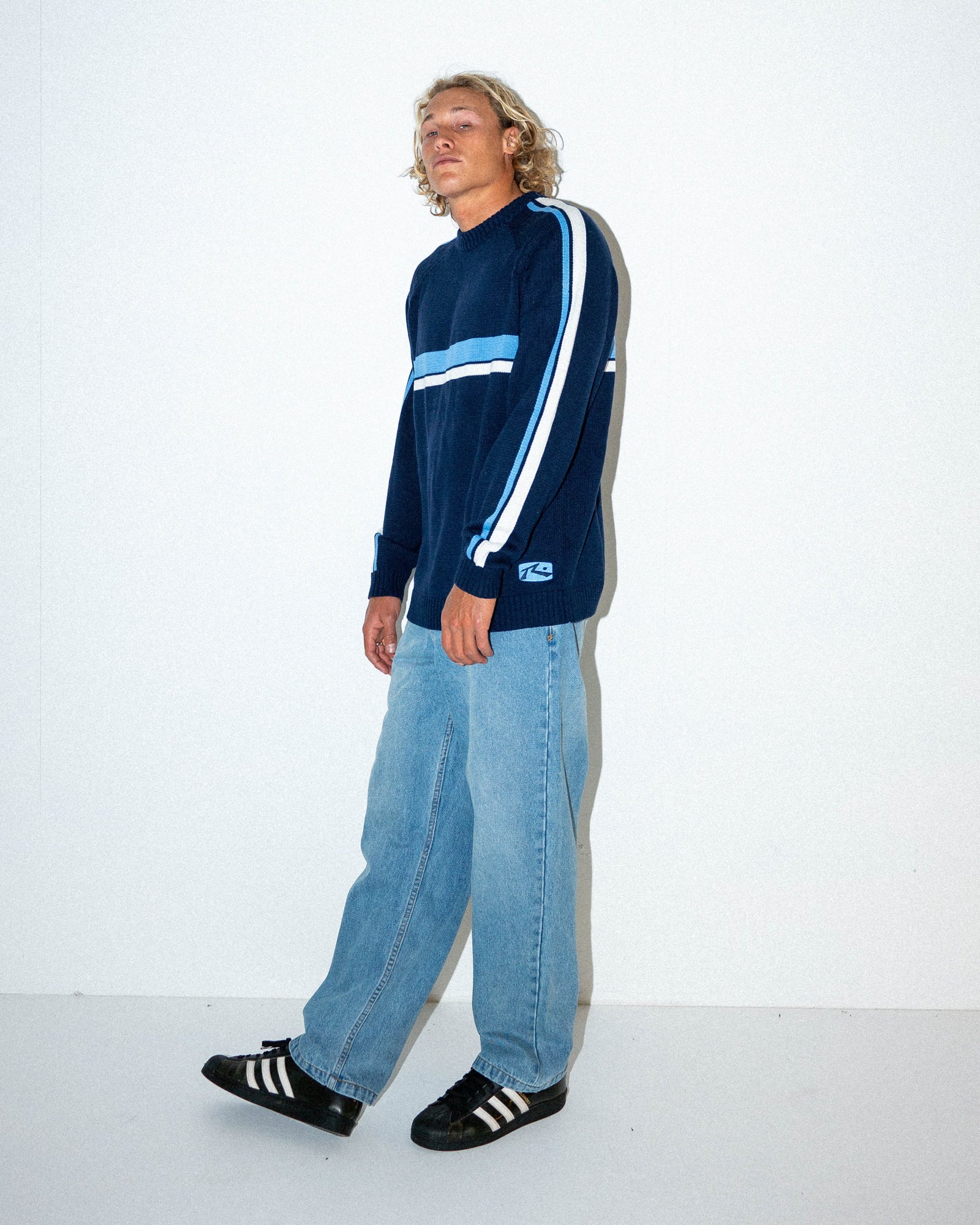 White Lines Crew Neck Knit Sweater