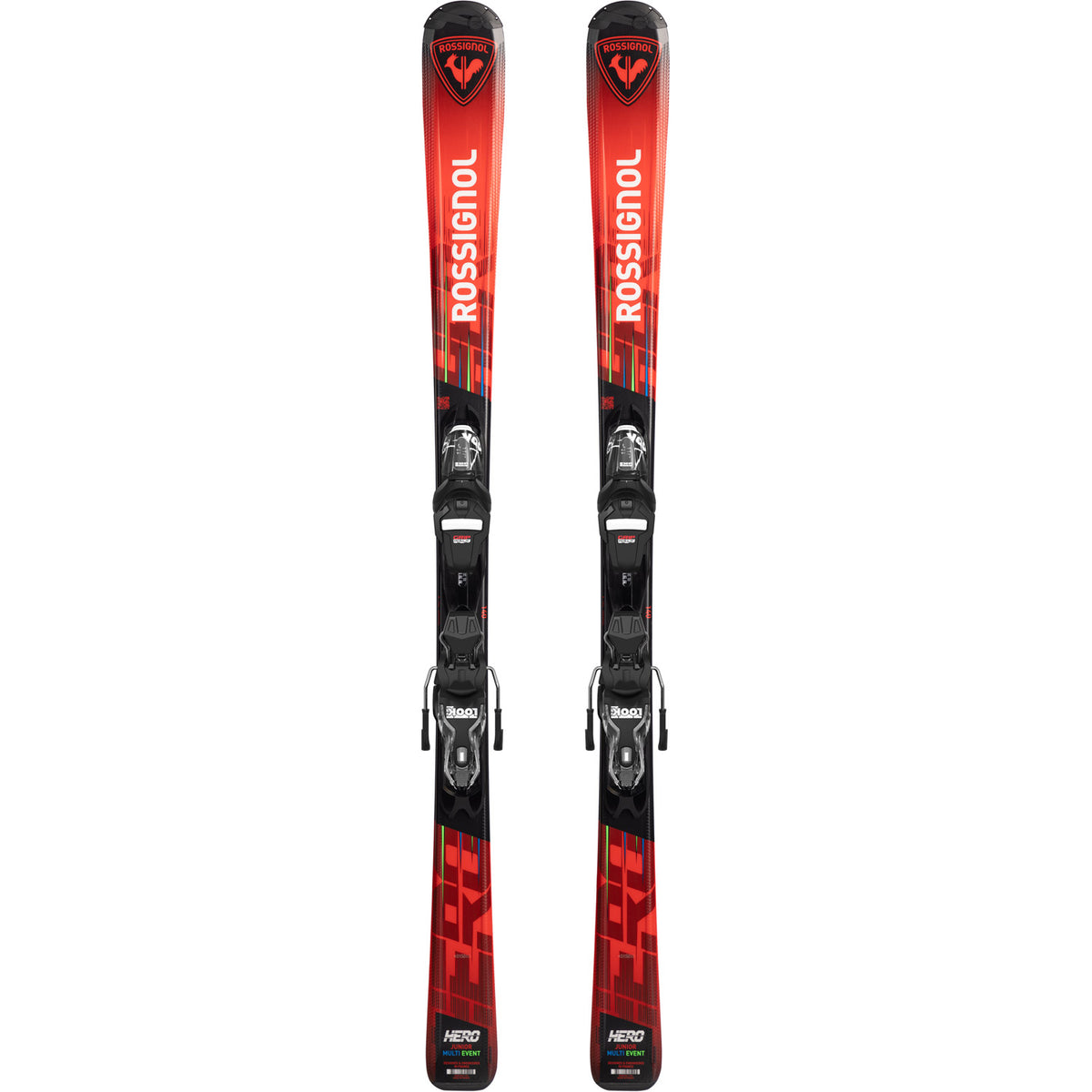 Red and black Rossignol ski with bindings on a white background