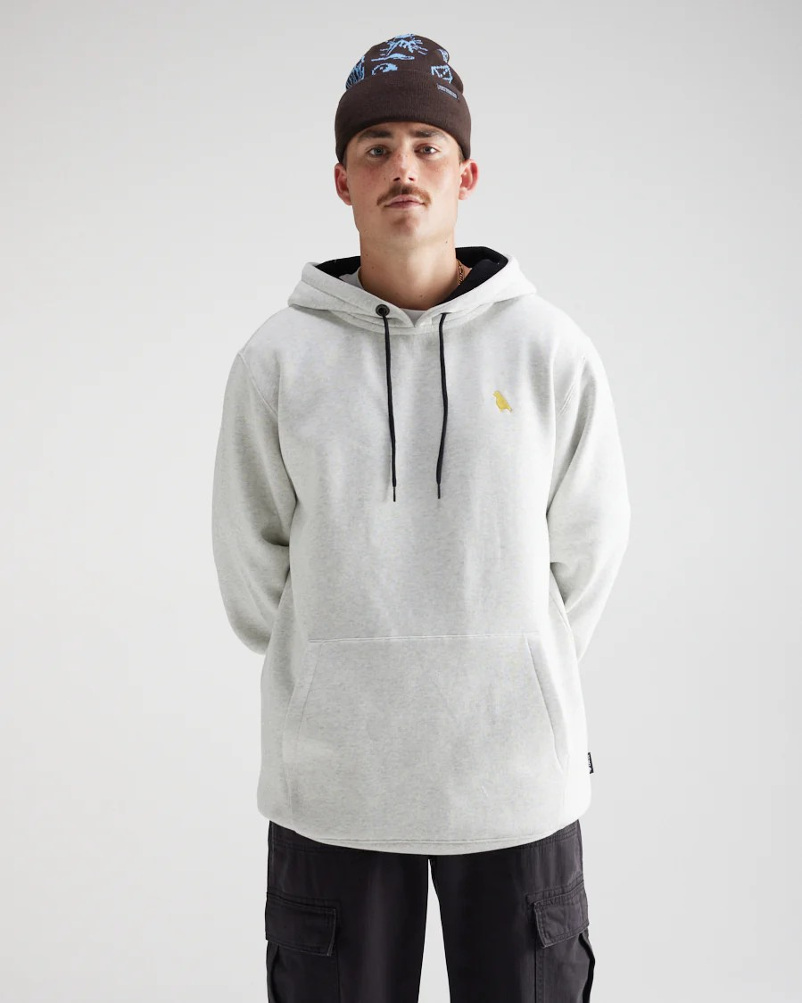 Person wearing a gray hoodie with a brand logo on a white background