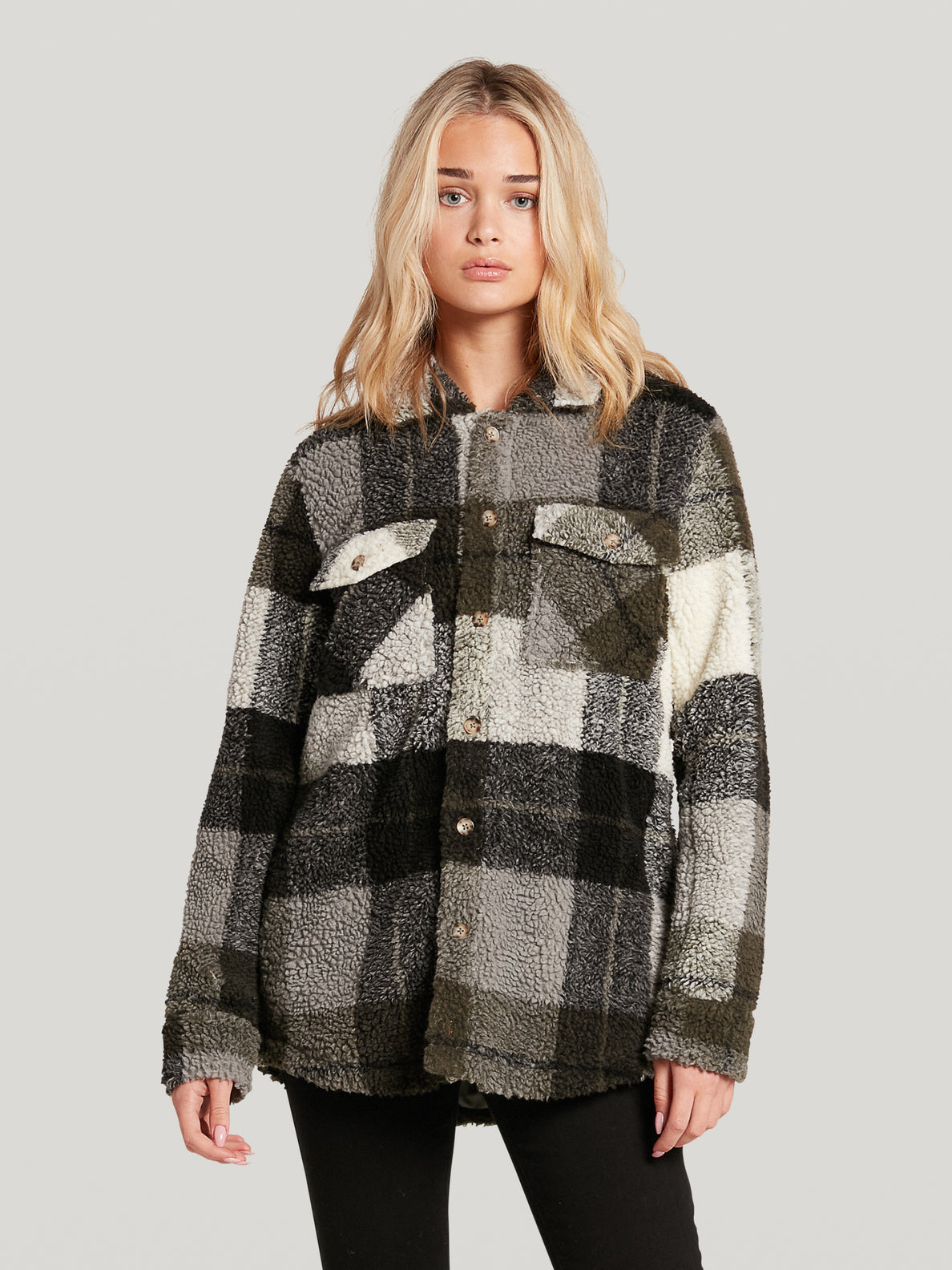 Volcom Silent Sherpa Plaid Jacket Army Green Camo