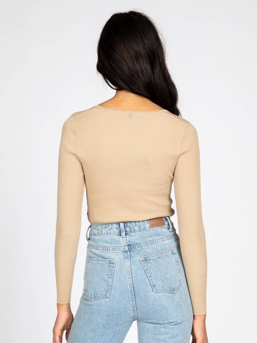 Rusty Charis Low Neckline Long Sleeve Knit Top Oat Milk