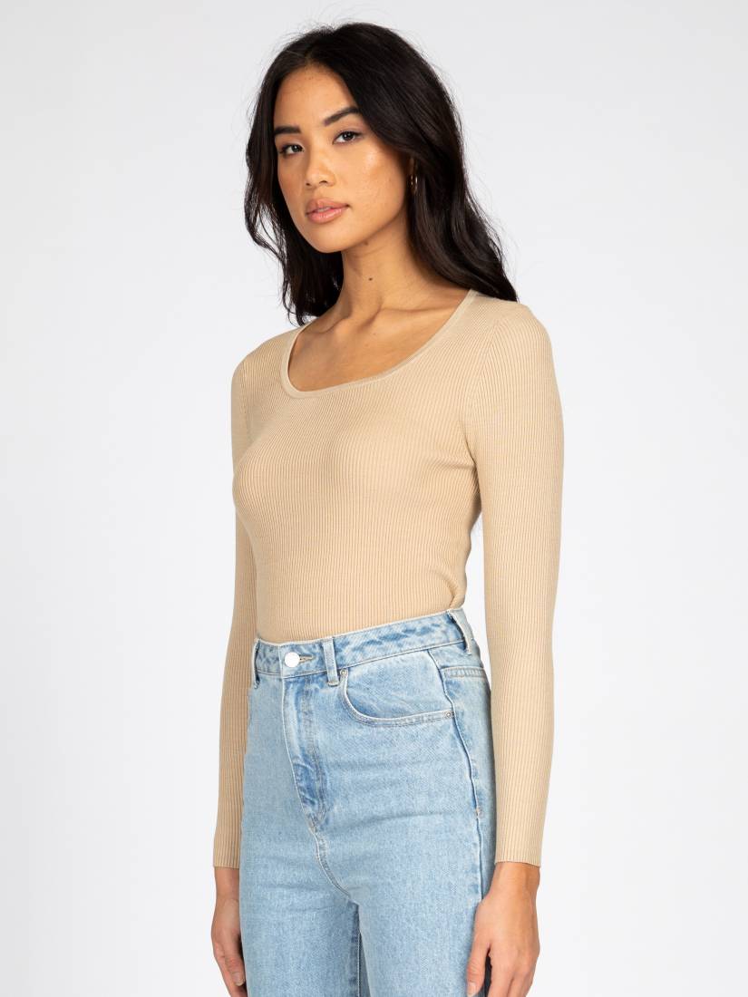 Rusty Charis Low Neckline Long Sleeve Knit Top Oat Milk
