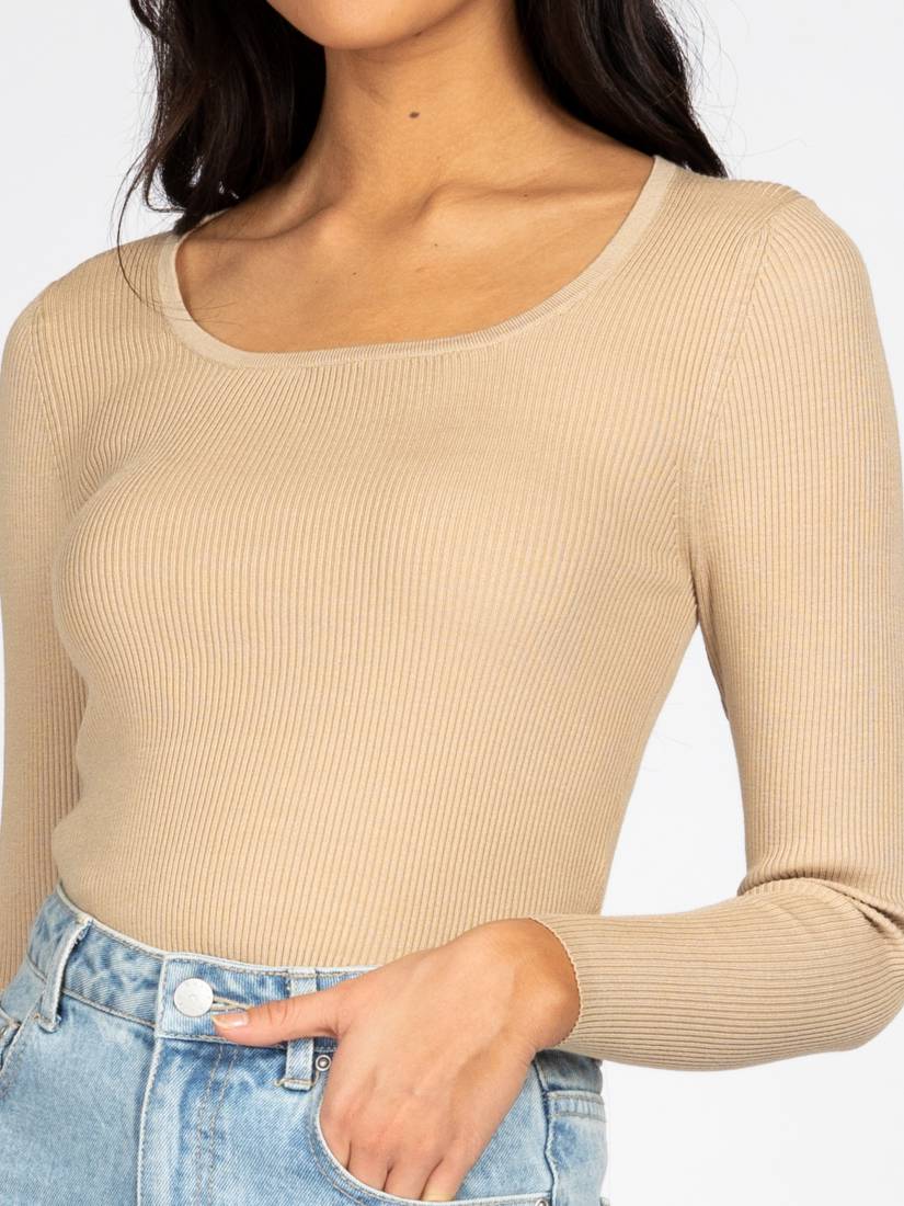Rusty Charis Low Neckline Long Sleeve Knit Top Oat Milk