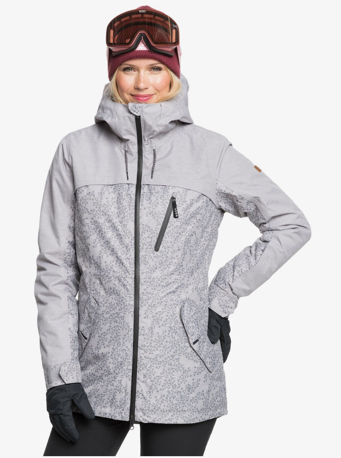 Roxy Womens Stated Parka Snow Jacket Heather grey blurry flowers