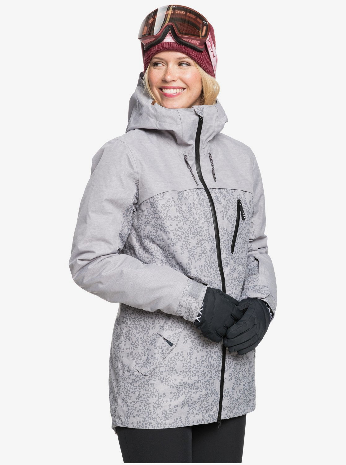 Roxy Womens Stated Parka Snow Jacket Heather grey blurry flowers