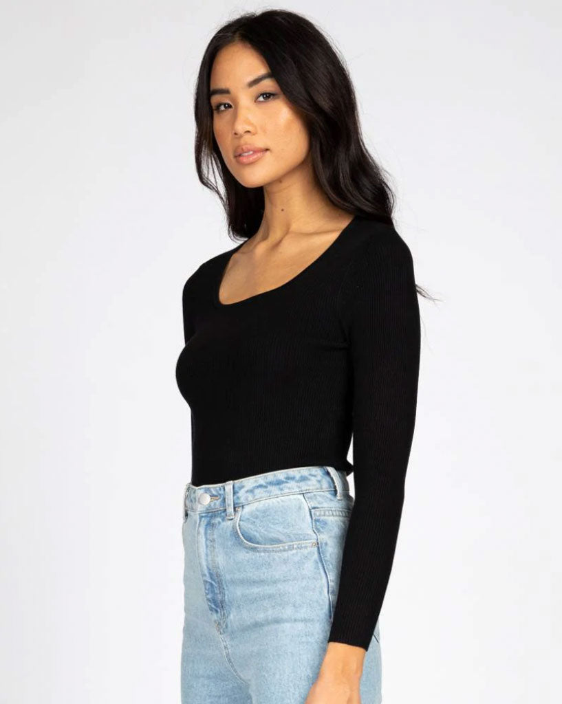 Rusty Charis Low Neckline Long Sleeve Knit Top Black