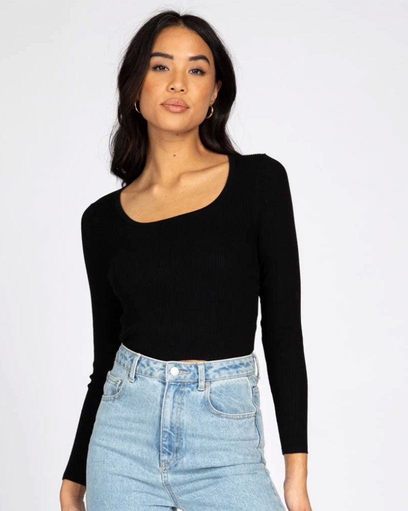 Rusty Charis Low Neckline Long Sleeve Knit Top Black
