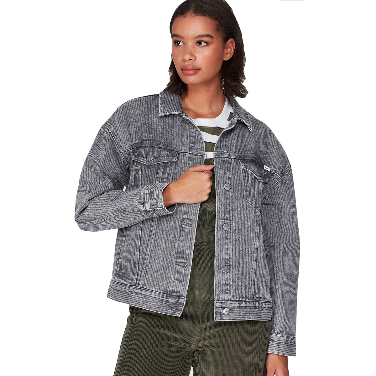 RVCA Slouch Denim Casual Jacket Grey Stripe