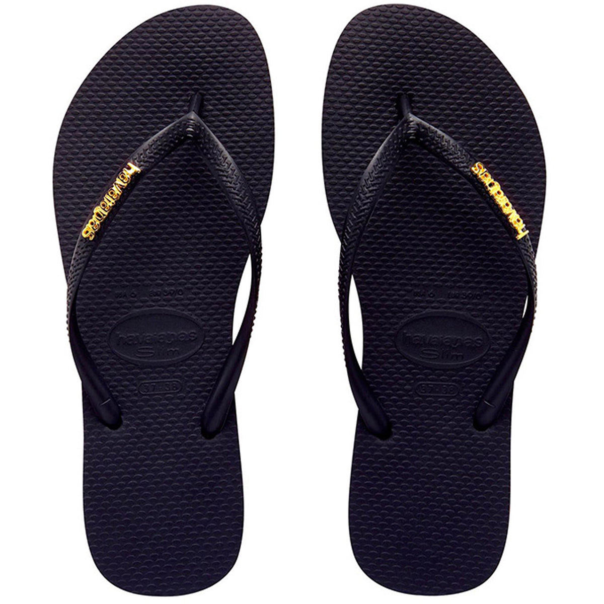 Slim Metal Logo Thongs Black Gold