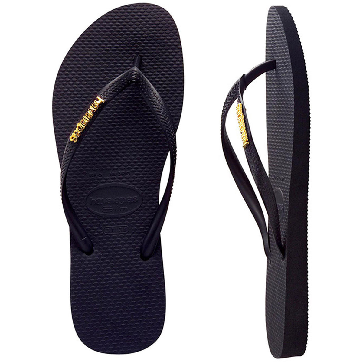 Slim Metal Logo Thongs Black Gold