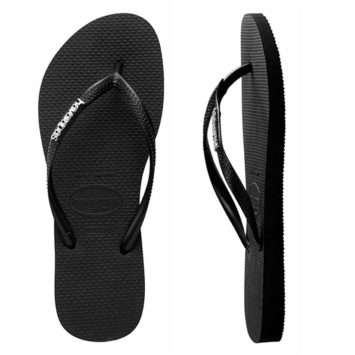 Slim Metal Logo Thongs Black Silver