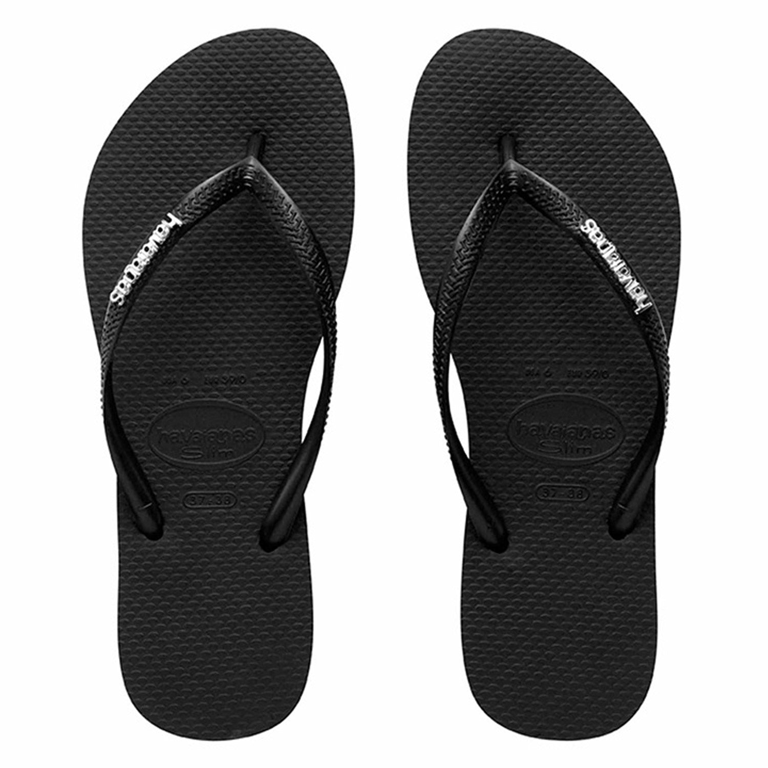 Slim Metal Logo Thongs Black Silver