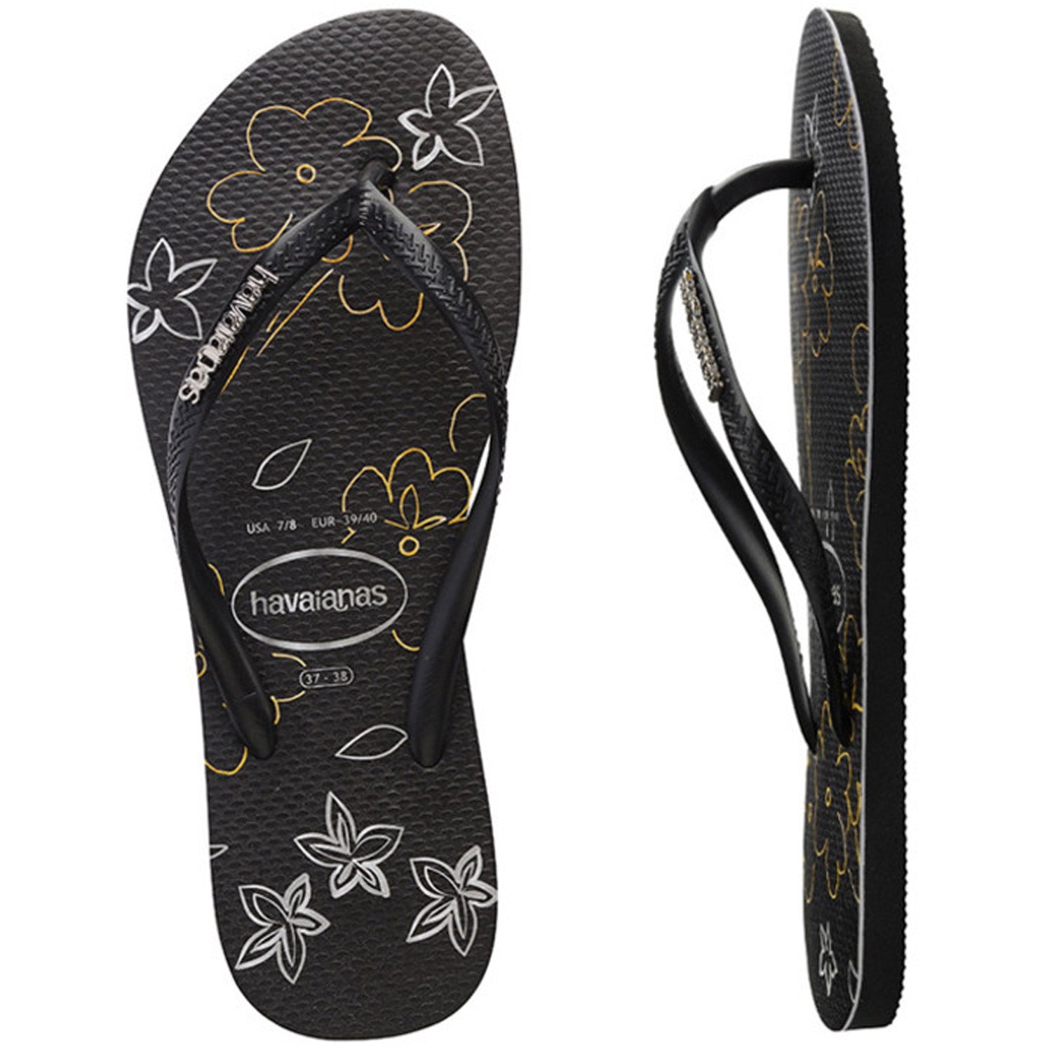 Slim Metal Logo Print Thongs Black Black