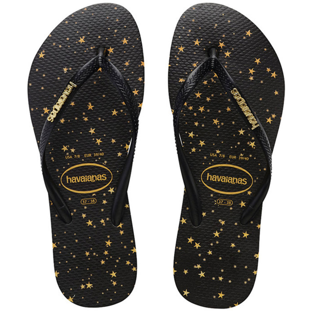 Slim Metal Logo Print Thongs Black Gold