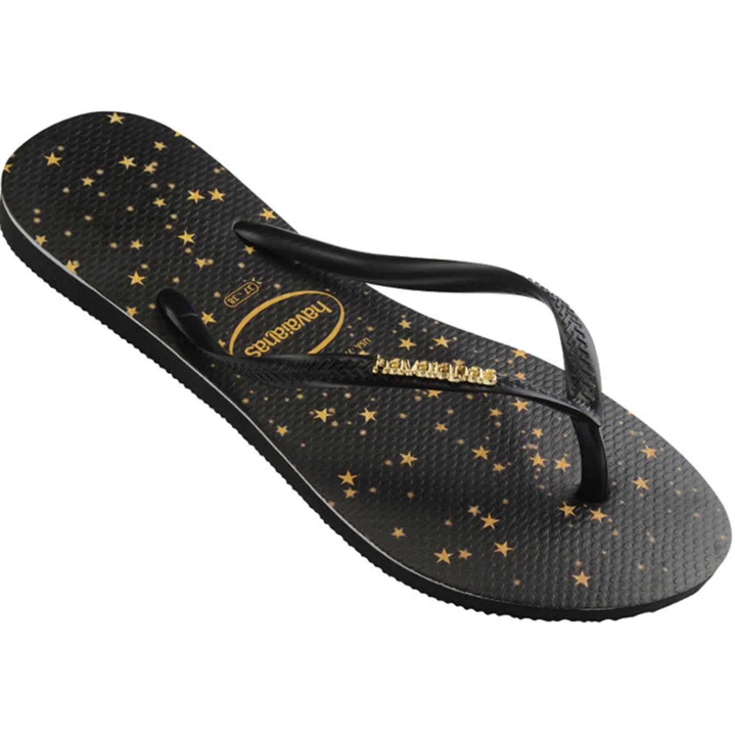 Slim Metal Logo Print Thongs Black Gold