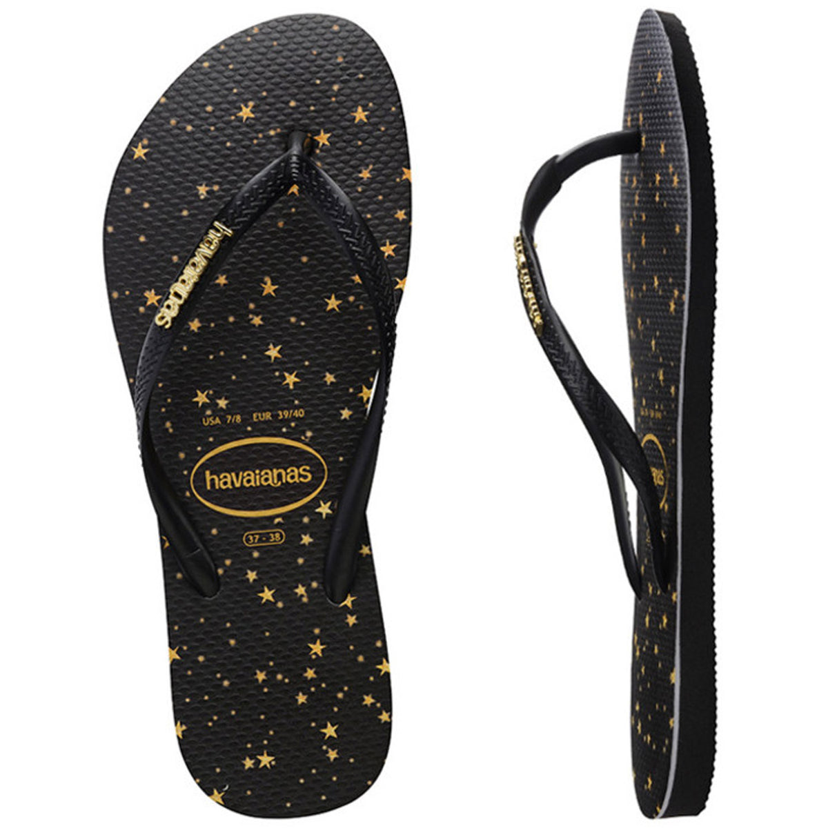 Slim Metal Logo Print Thongs Black Gold