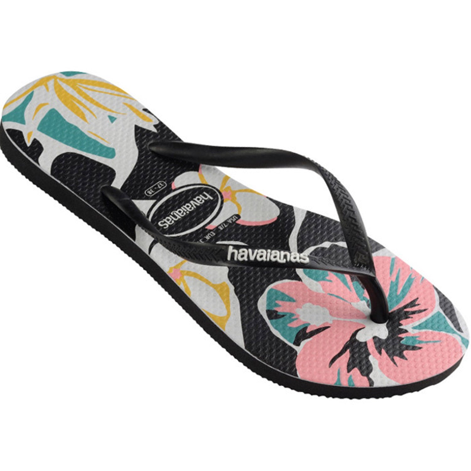 Slim Print Floral Thongs Black