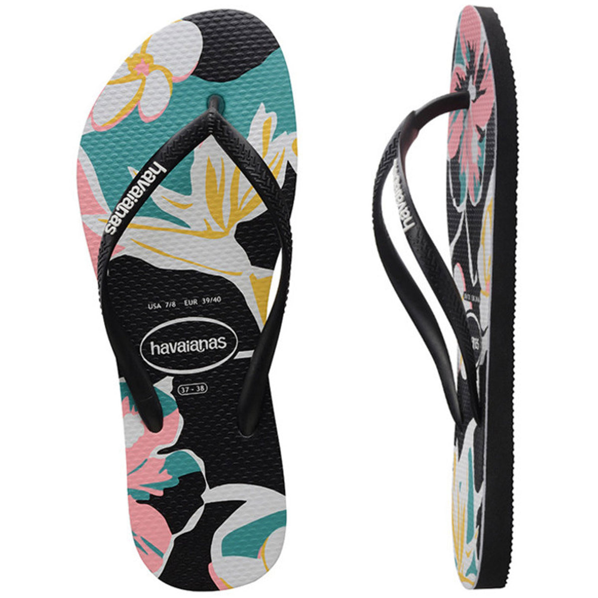 Slim Print Floral Thongs Black