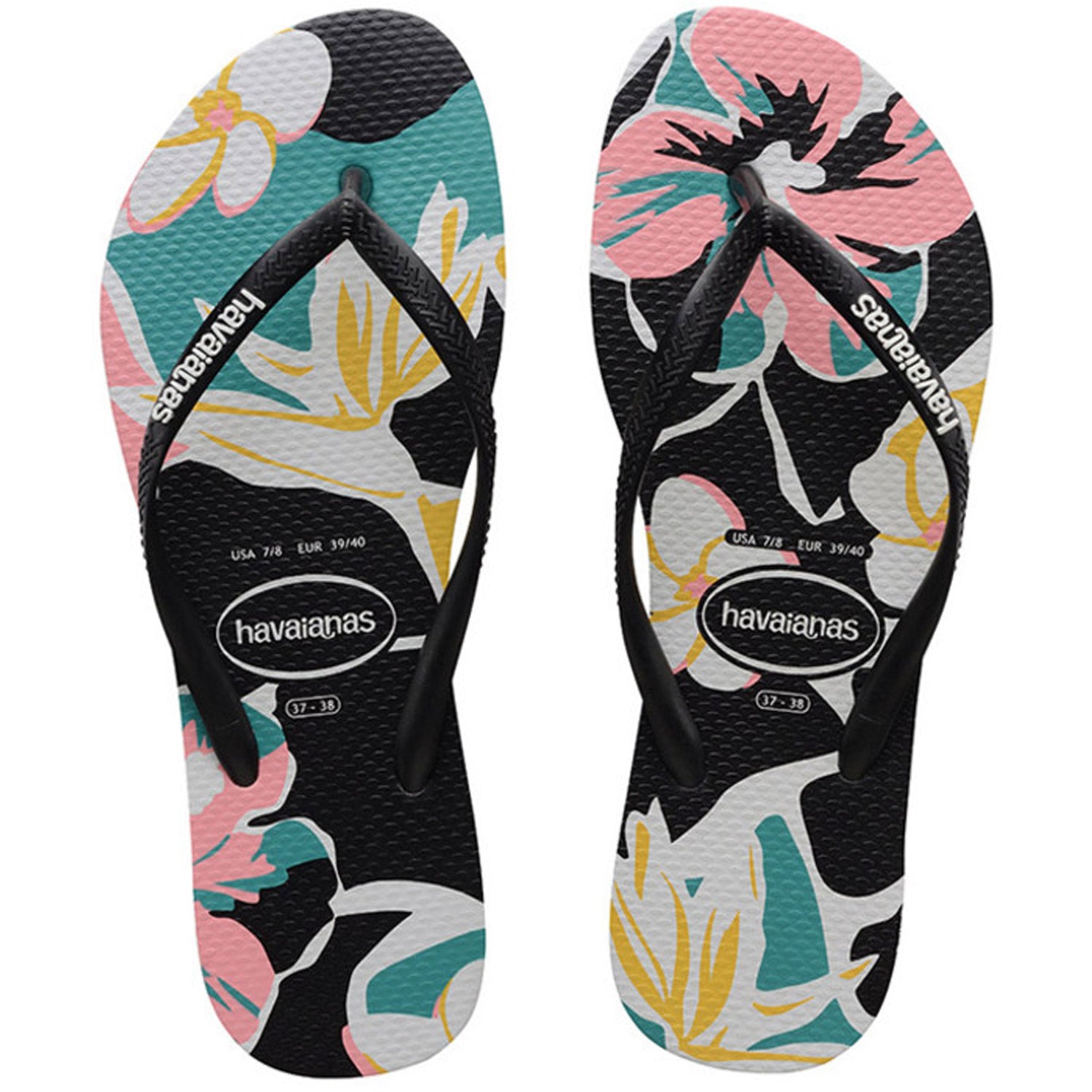 Slim Print Floral Thongs Black